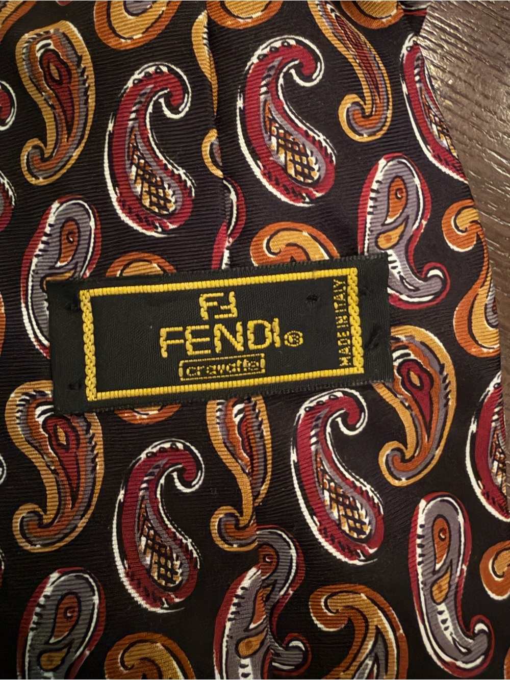 Fendi Womens Paisley Silk Necklace Tie  - Black with Red & Gold Accents